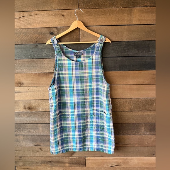 Vintage Dresses & Skirts - Vintage Plaid Cotton Pinafore Dress British Khaki Robert Talbott 90s
